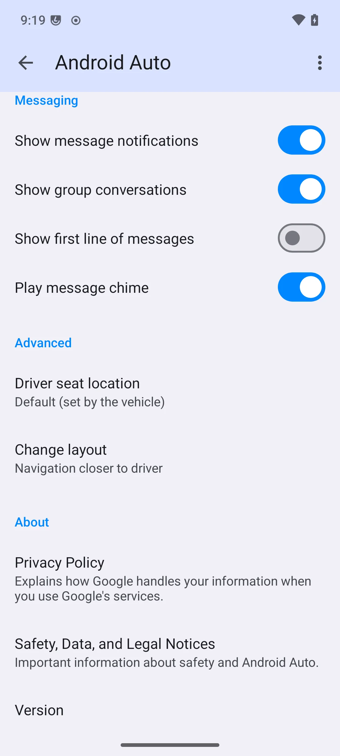 The Android Auto settings page scrolled to the bottom, showing the Version entry