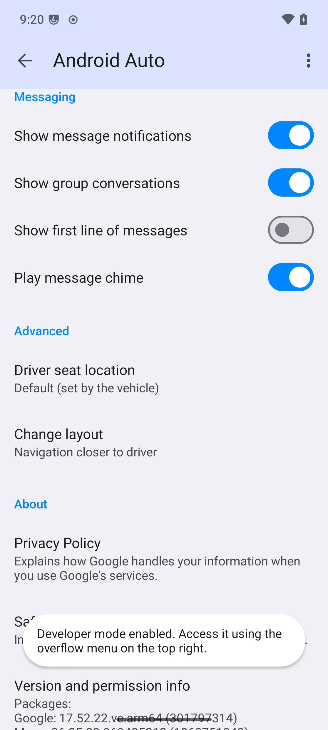 Toast notification: “Developer mode enabled. Access it using the overflow menu on the top right.”