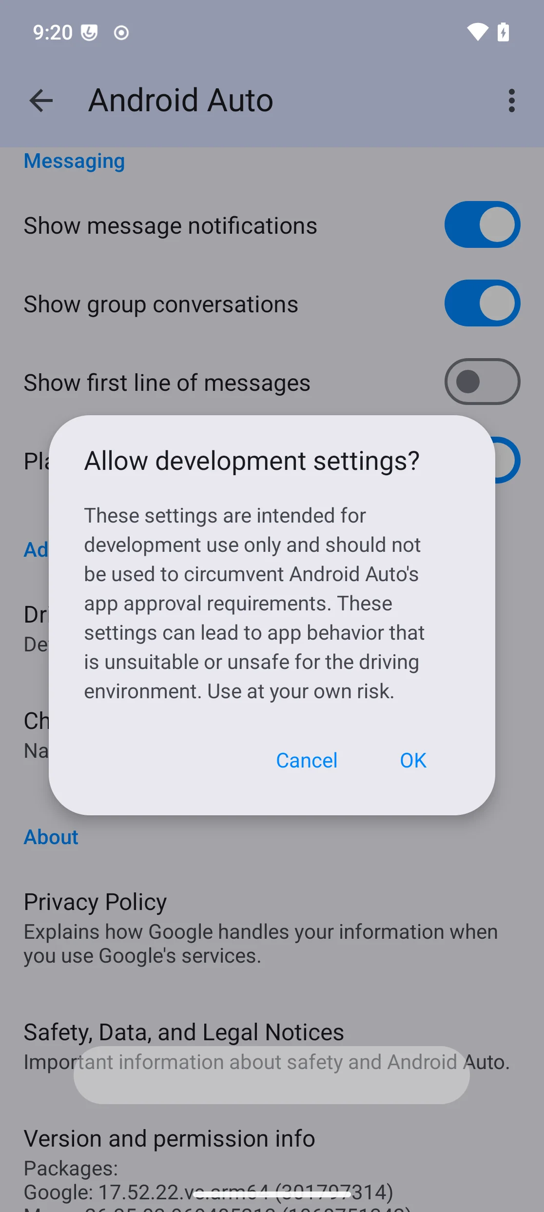 Confirmation dialog asking to allow development settings