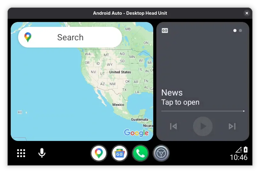 Desktop Head Unit window showing Google Maps fully loaded with a search bar, and a News media card