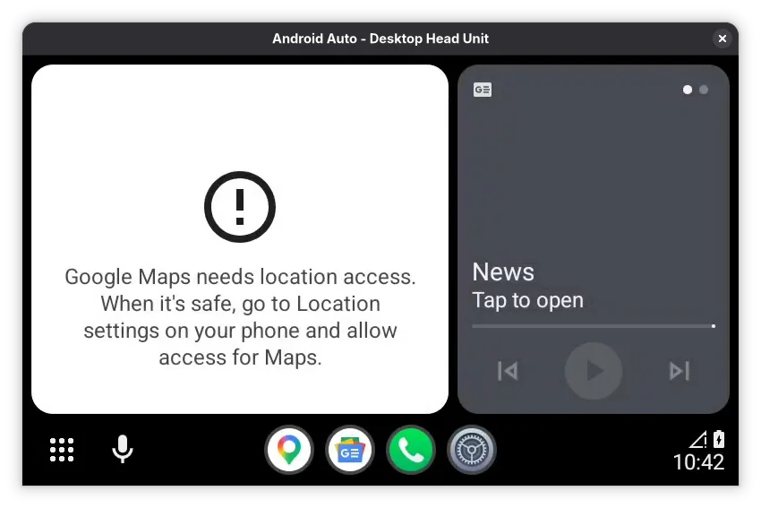 Desktop Head Unit window showing the full Android Auto interface: app grid, a News media card, and a warning that Google Maps needs location access