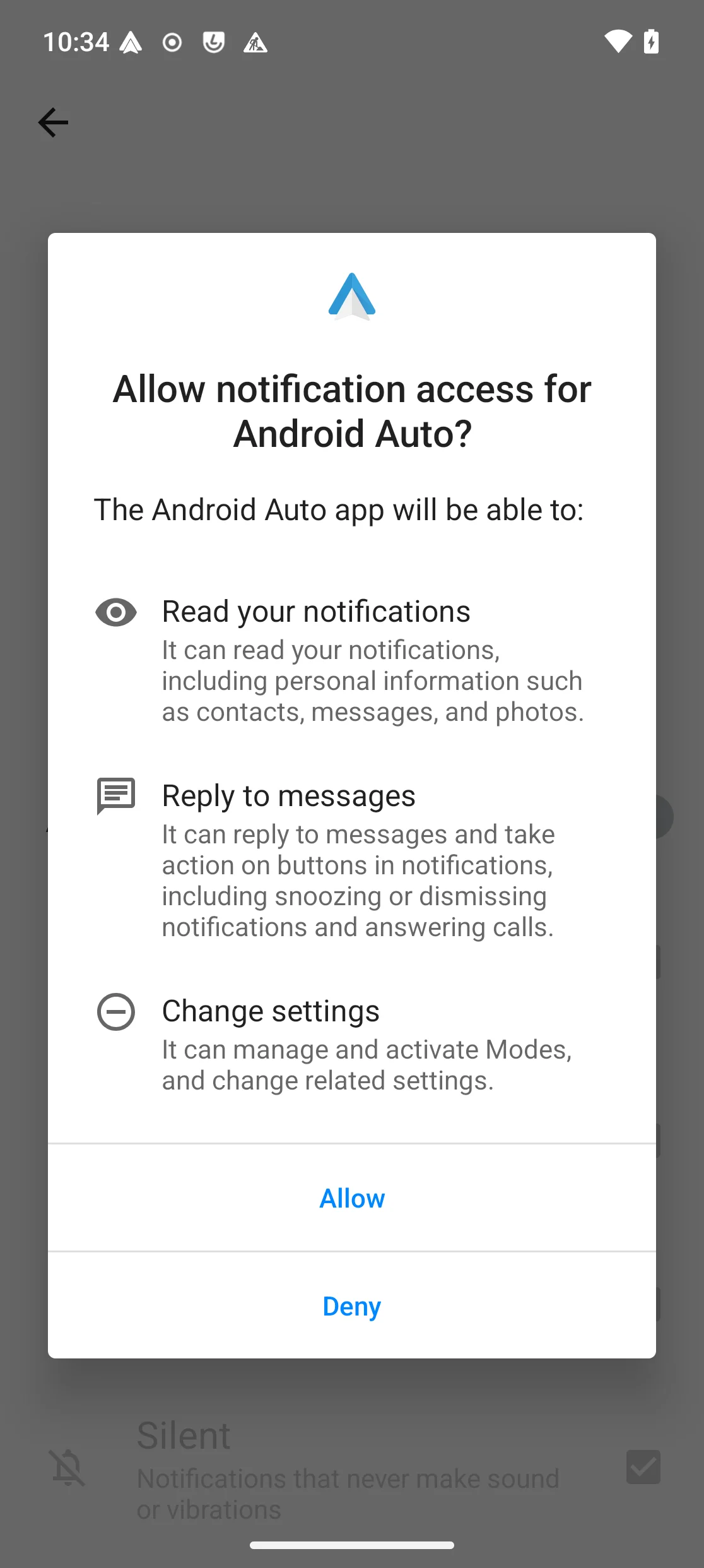 Confirmation dialog: “Allow notification access for Android Auto?” listing what the app will be able to do