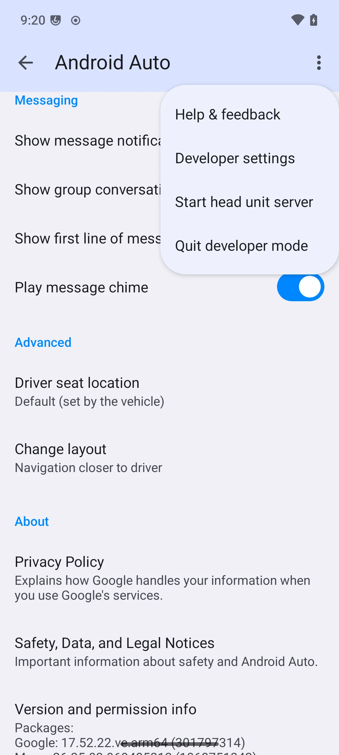 Overflow menu showing Help & feedback, Developer settings, Start head unit server, Quit developer mode