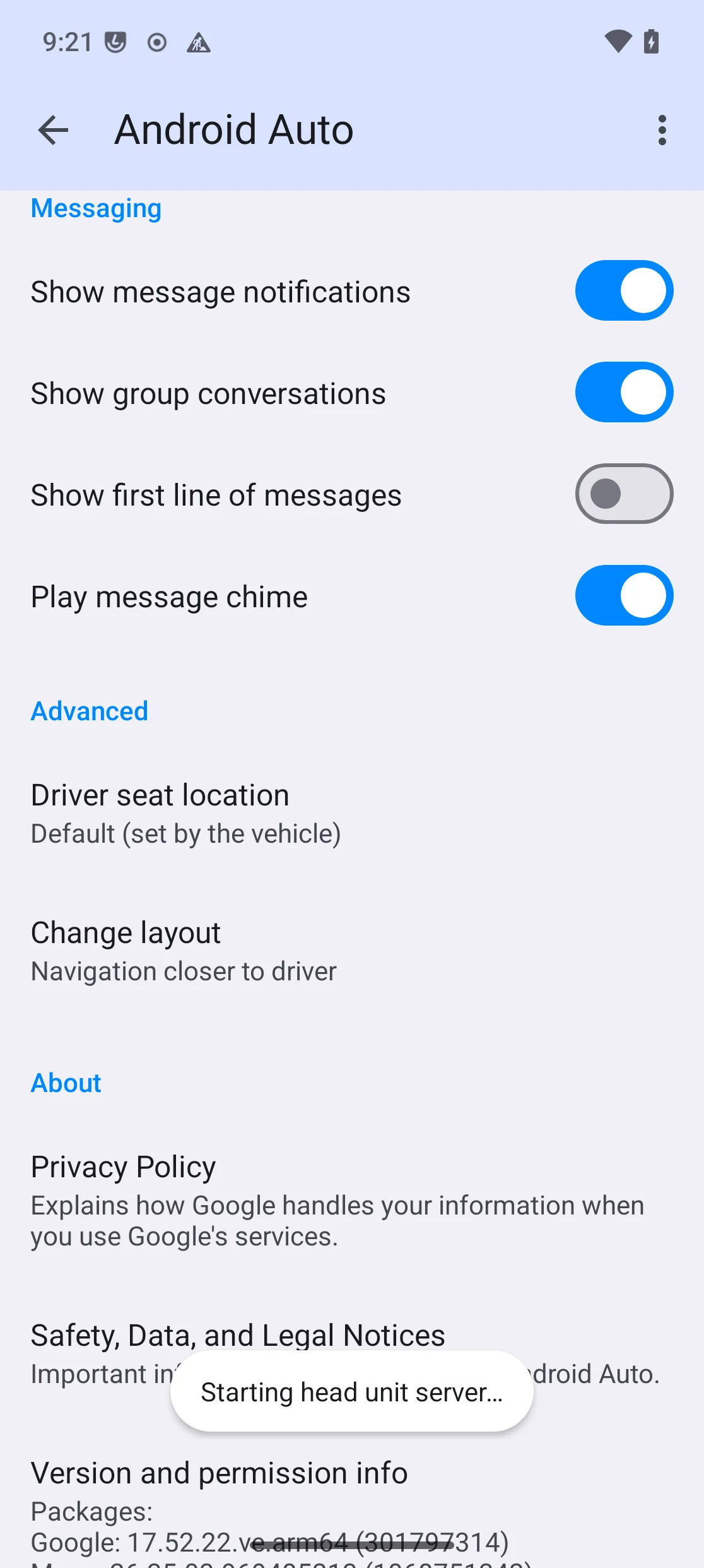 Toast notification: “Starting head unit server…”