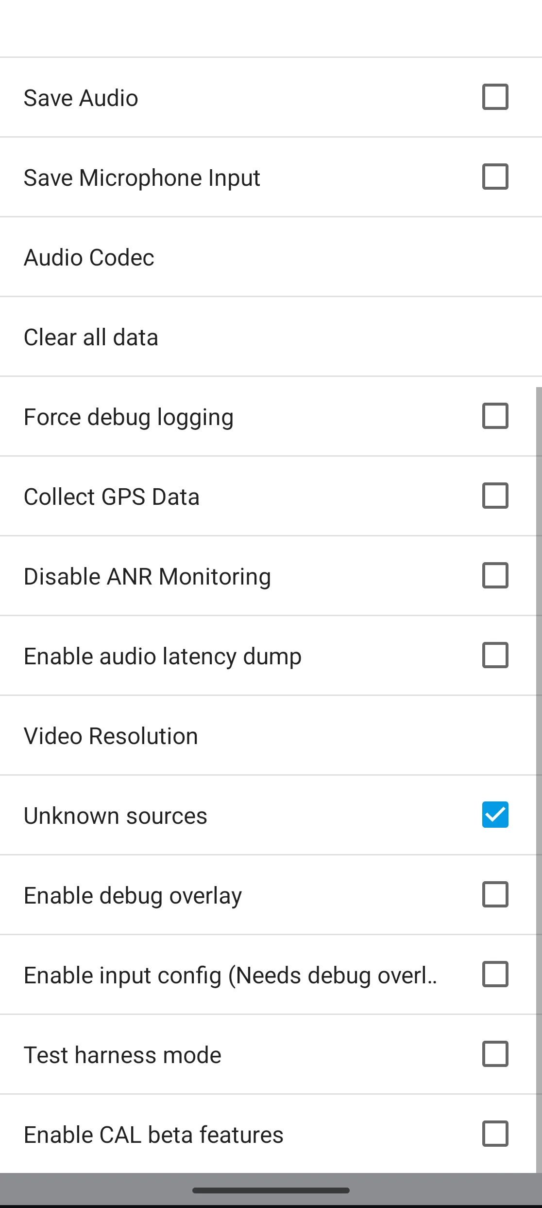 Developer settings page with the Unknown sources toggle turned on