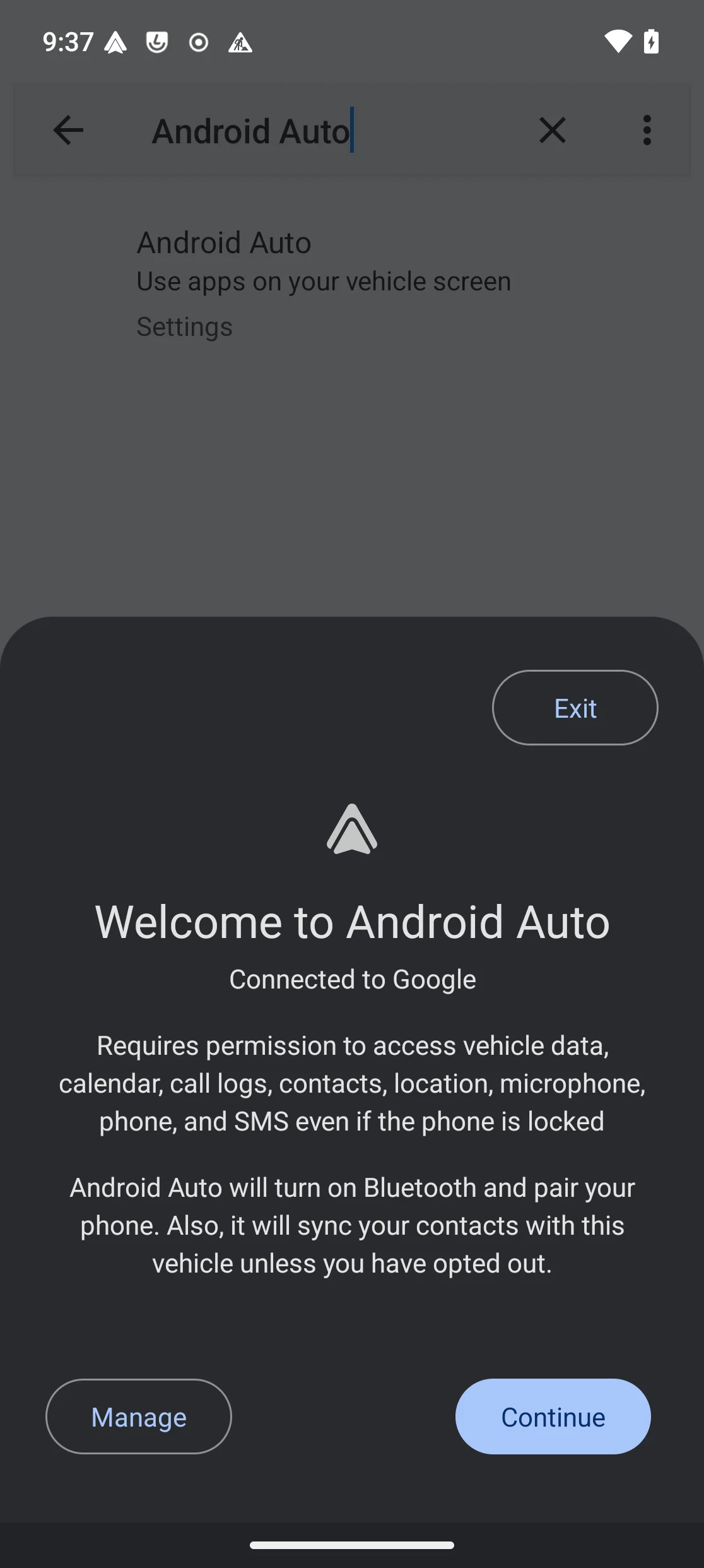 Same consent screen after unlocking, now showing a Continue button