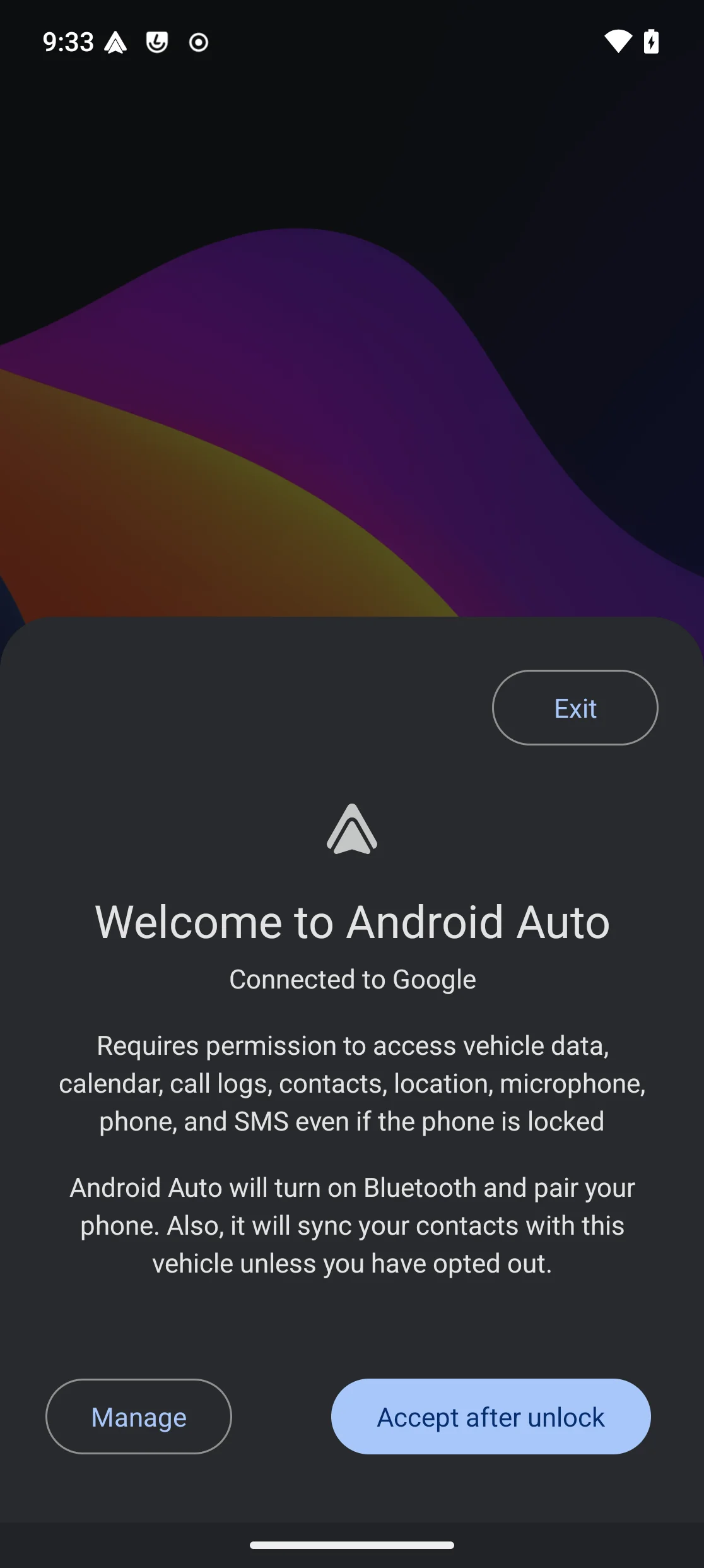 Android Auto’s “Welcome to Android Auto / Connected to Google” consent screen with an “Accept after unlock” button