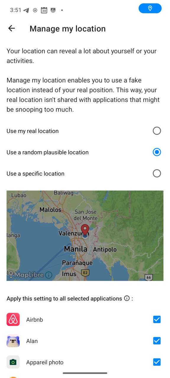 Manage my location screen with a random plausible location