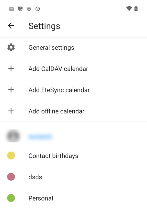 Settings screen with Add CalDAV calendar, Add EteSync calendar, Add offline calendar, and an account's calendars below