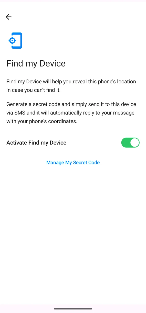 Find my Device activated in /e/OS Settings