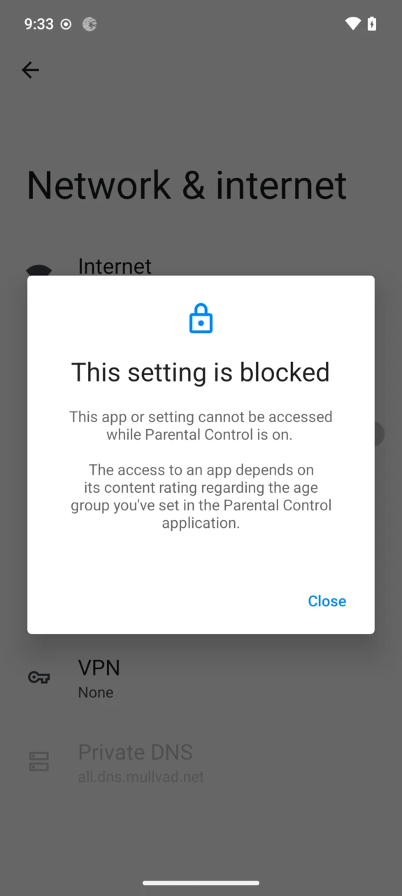 Private DNS is locked while Parental Control is on