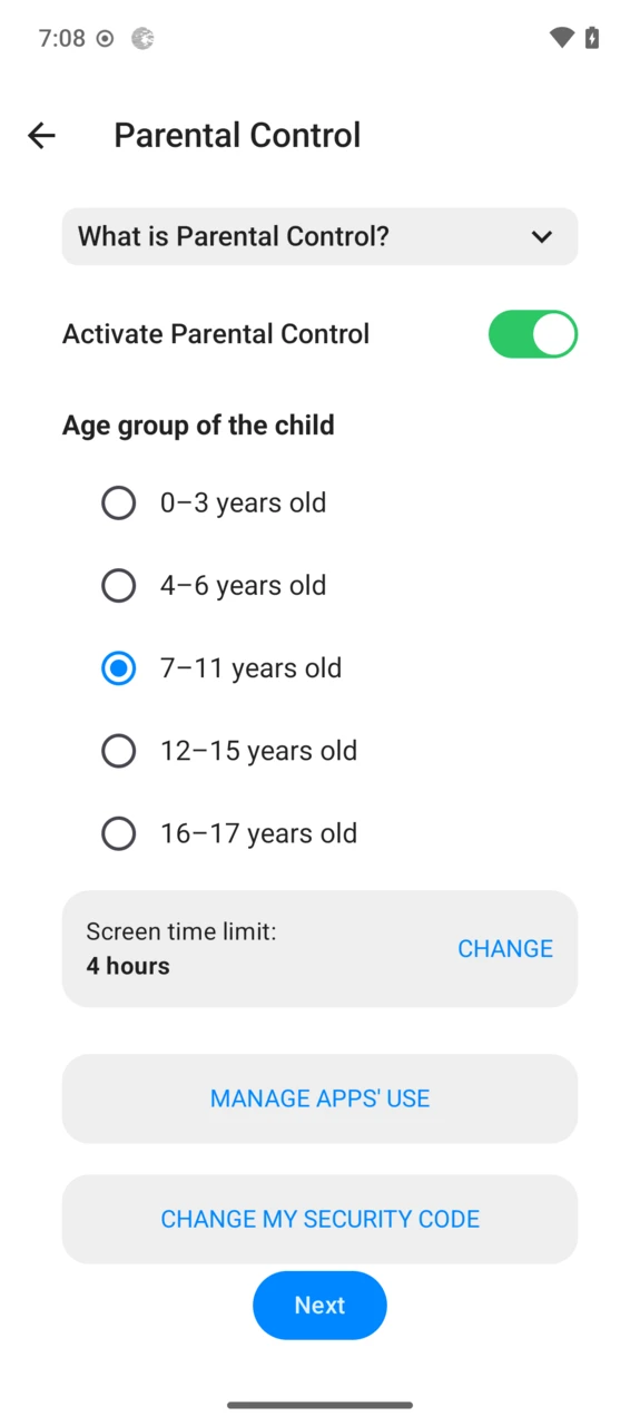 Parental Control management screen