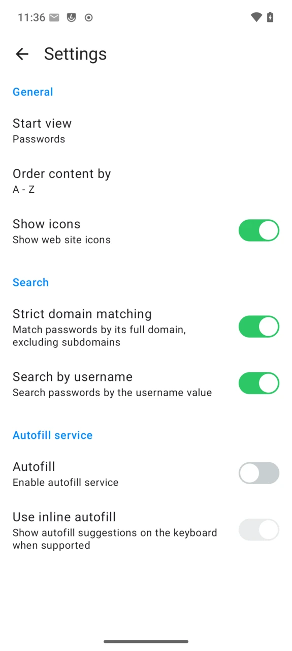 Passwords settings screen