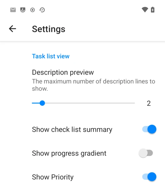 Appearance settings: description preview length, checklist summary, progress gradient and priority toggles