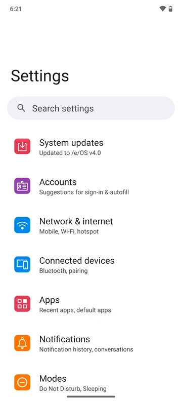 Settings screen with Accounts