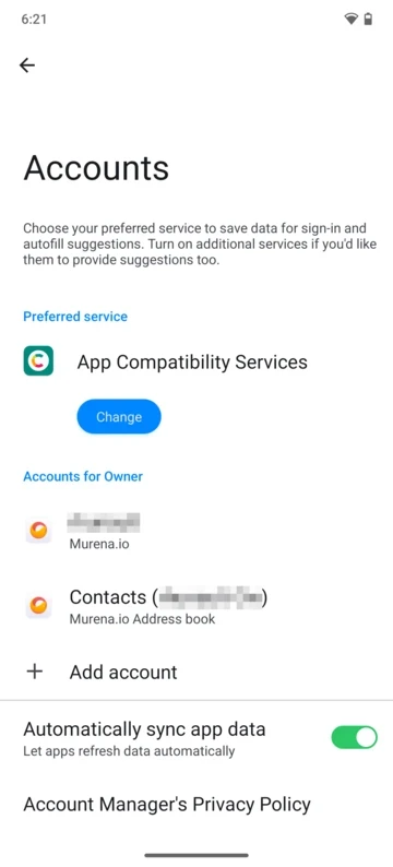 Accounts screen