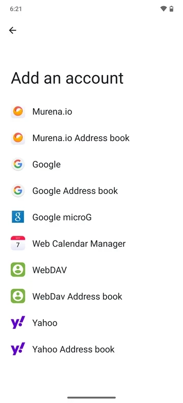 Add account screen with Google option
