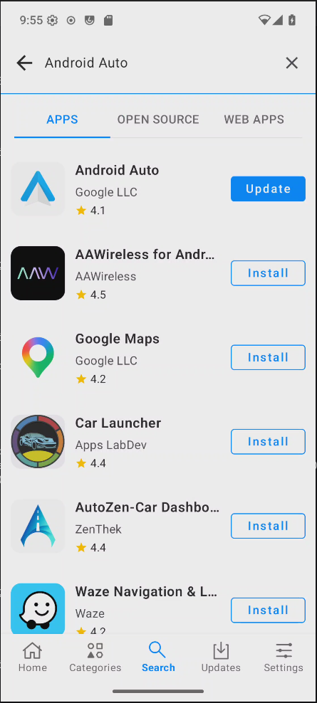 App Lounge showing Android Auto installed, with an Open button