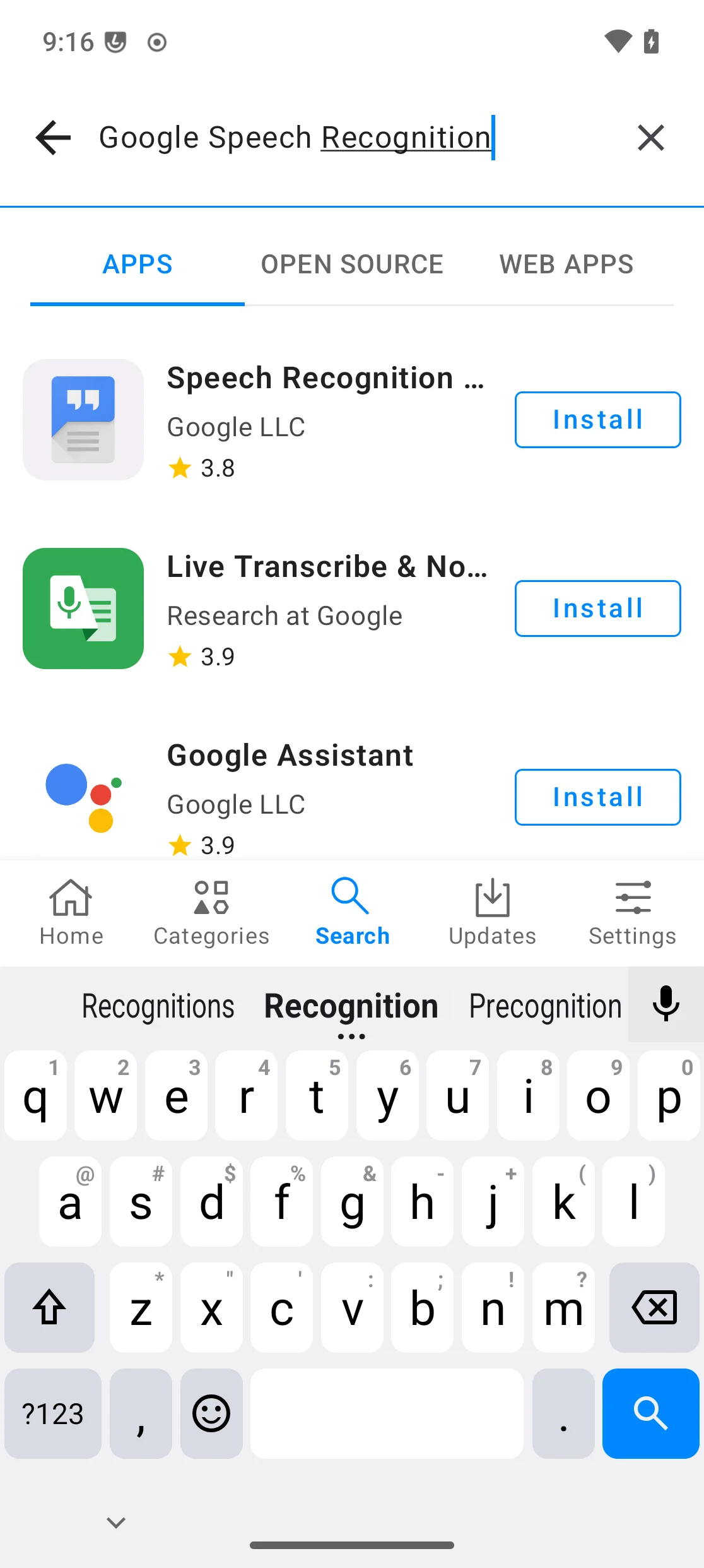 App Lounge search results for “Google Speech Recognition”, showing the Speech Recognition & Synthesis app