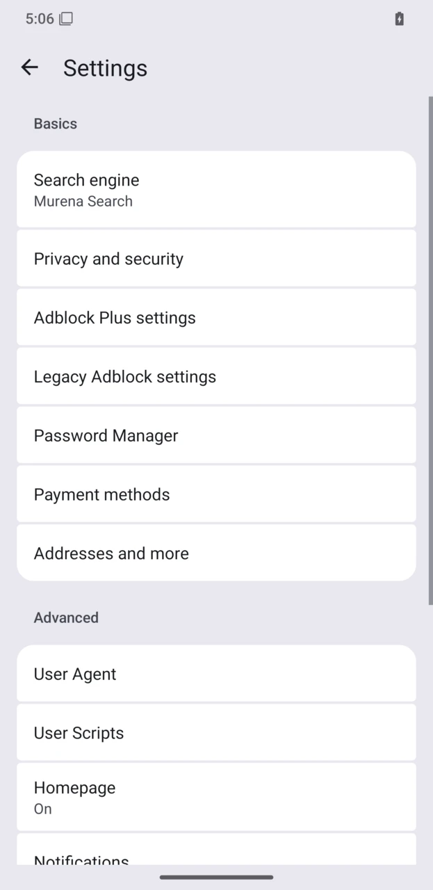 Browser settings with Search engine