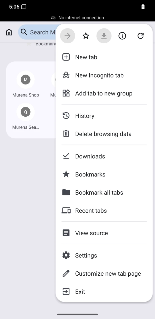 Browser menu with Settings