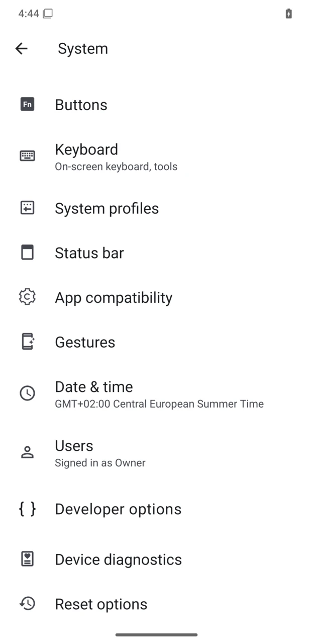 Reset options in System settings