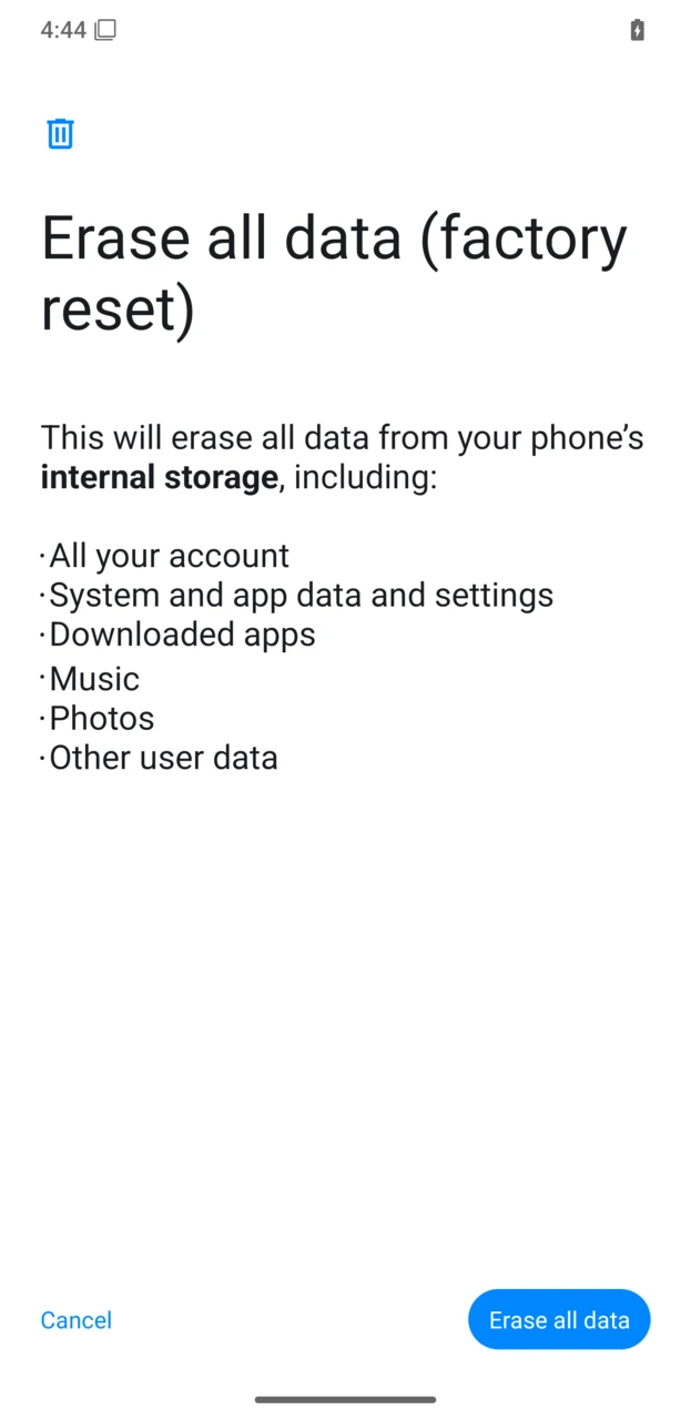 Factory reset warning screen