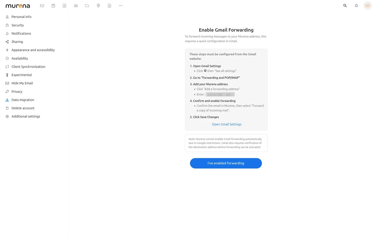Forwarding instructions screen